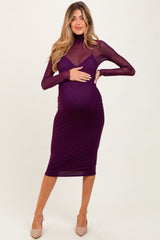 Purple Mesh Overlay Fitted Maternity Midi Dress