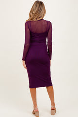 Purple Mesh Overlay Fitted Maternity Midi Dress