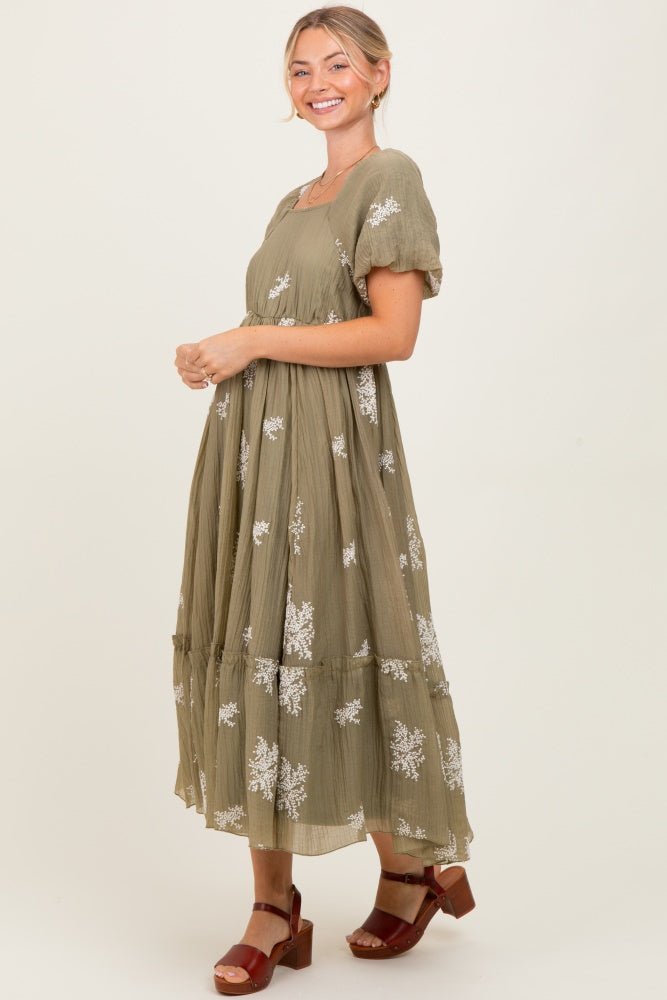 Light Olive Floral Print Ruffle Hem Midi Dress