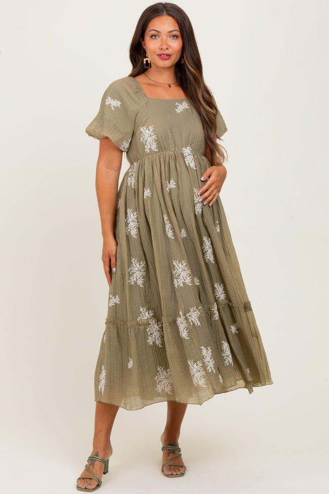 Light Olive Floral Print Ruffle Hem Maternity Midi Dress