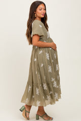 Light Olive Floral Print Ruffle Hem Maternity Midi Dress