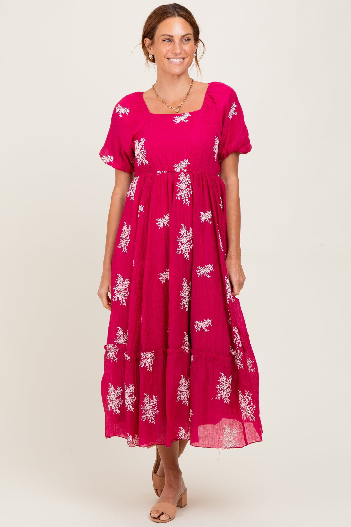 Magenta Floral Print Ruffle Hem Midi Dress