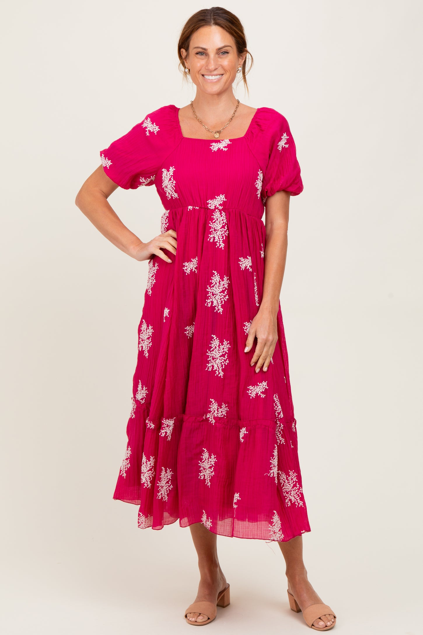 Magenta Floral Print Ruffle Hem Midi Dress