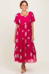 Magenta Floral Print Ruffle Hem Maternity Midi Dress