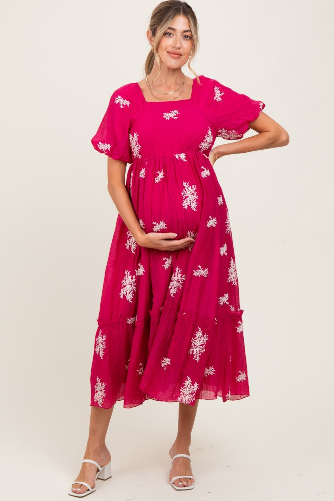 Magenta Floral Print Ruffle Hem Maternity Midi Dress