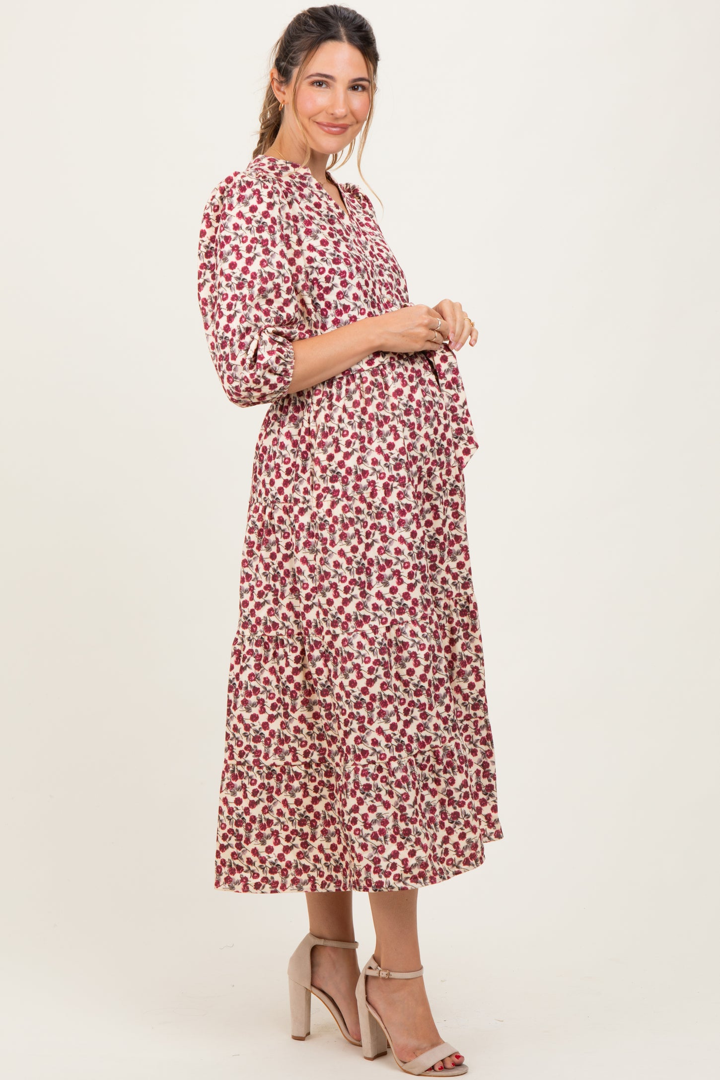 Cream Floral Button Down Front Tie Maternity Midi Dress