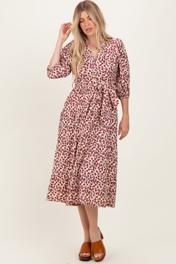 Cream Floral Button Down Front Tie Midi Dress