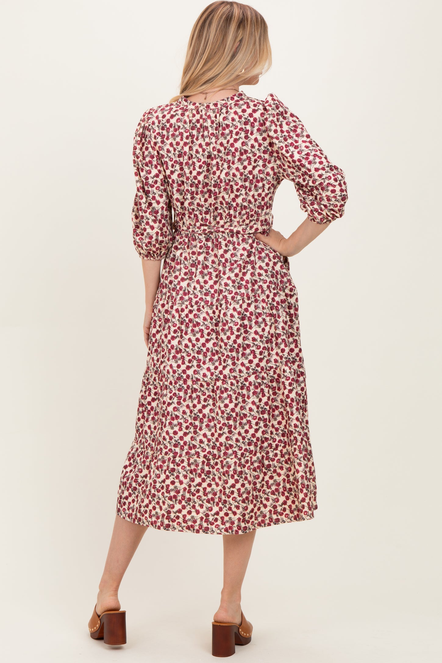 Cream Floral Button Down Front Tie Midi Dress