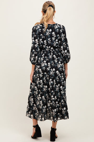 Black Floral Button Front V-Neck Maternity Midi Dress