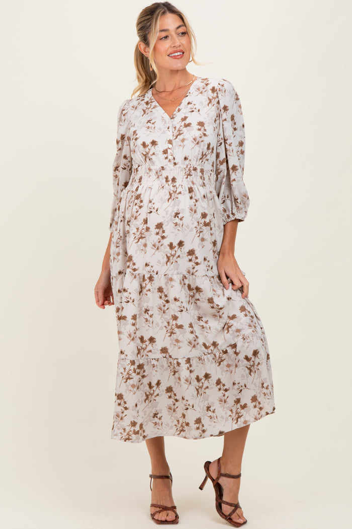 Cream Floral Button Front V-Neck Maternity Midi Dress