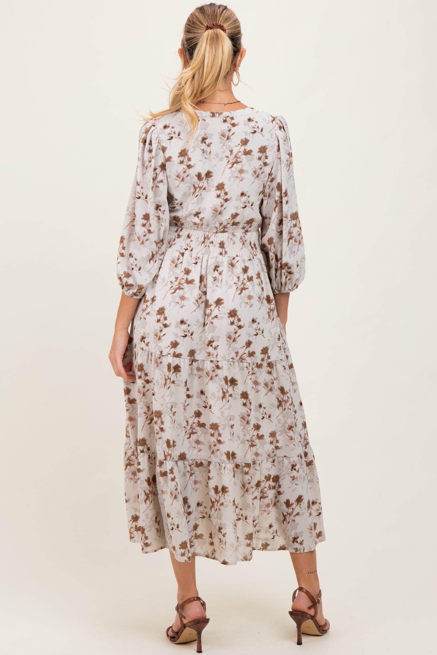 Cream Floral Button Front V-Neck Maternity Midi Dress