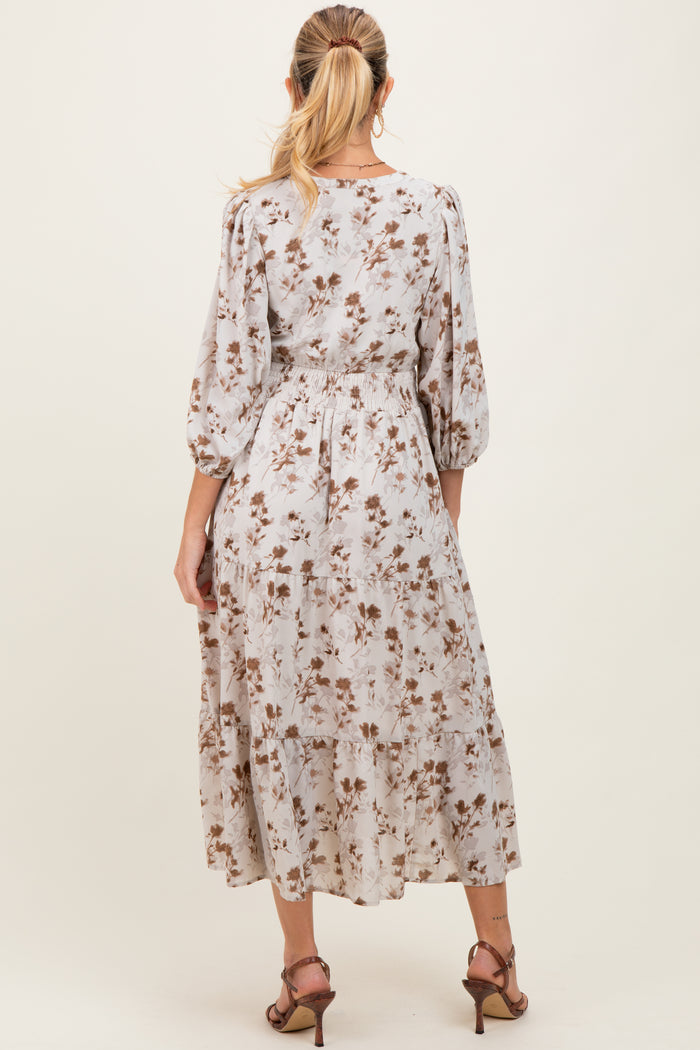 Cream Floral Button Front V-Neck Maternity Midi Dress