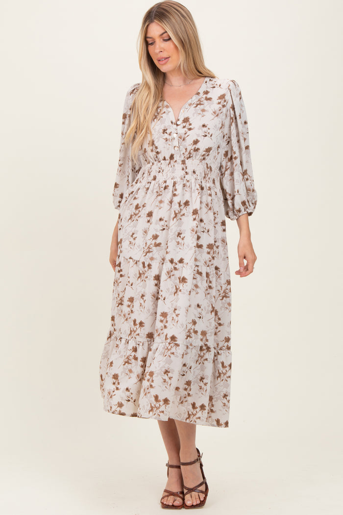 Cream Floral Button Front V-Neck Maternity Midi Dress