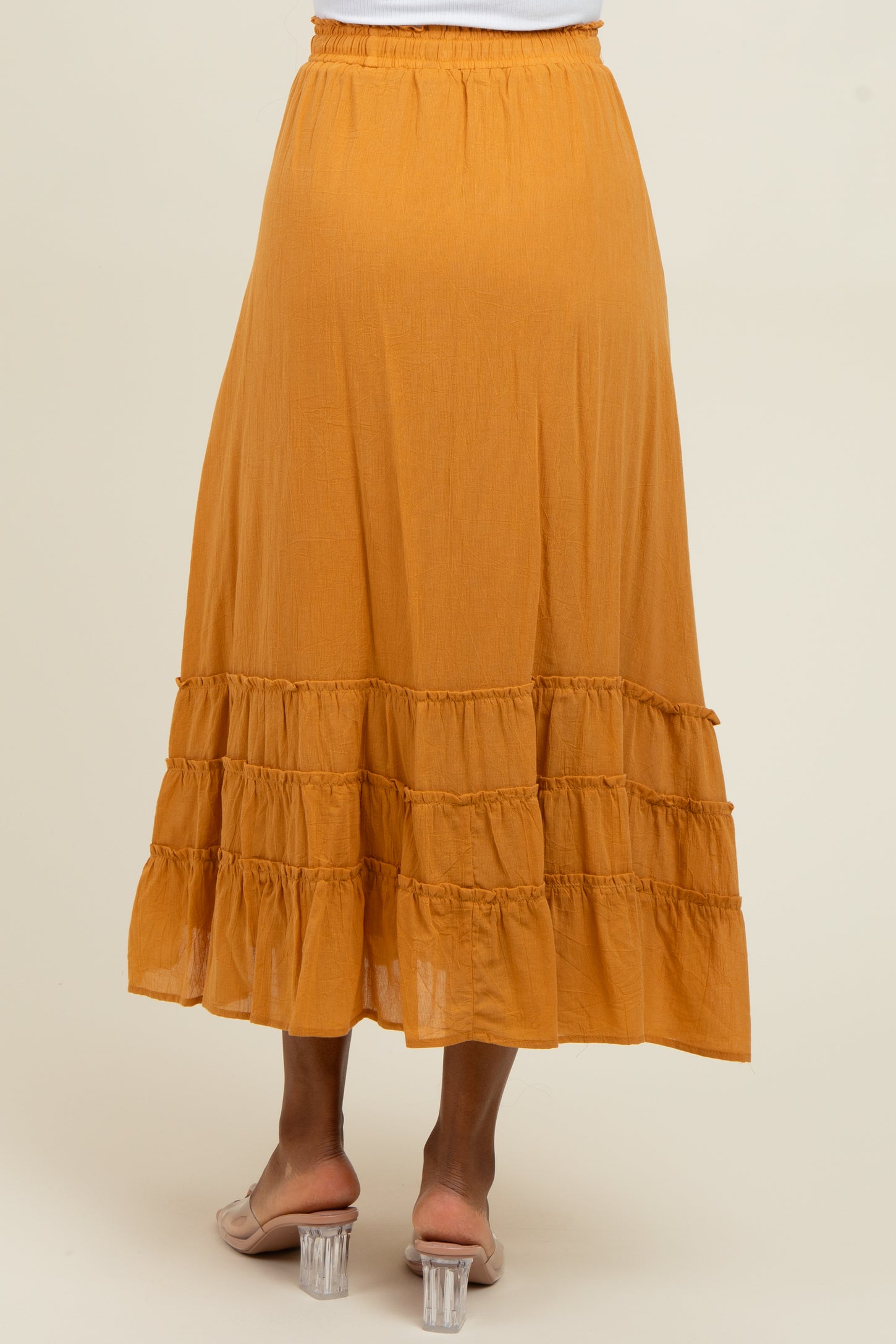 Yellow Drawstring Layered Ruffle Hem Maxi Skirt