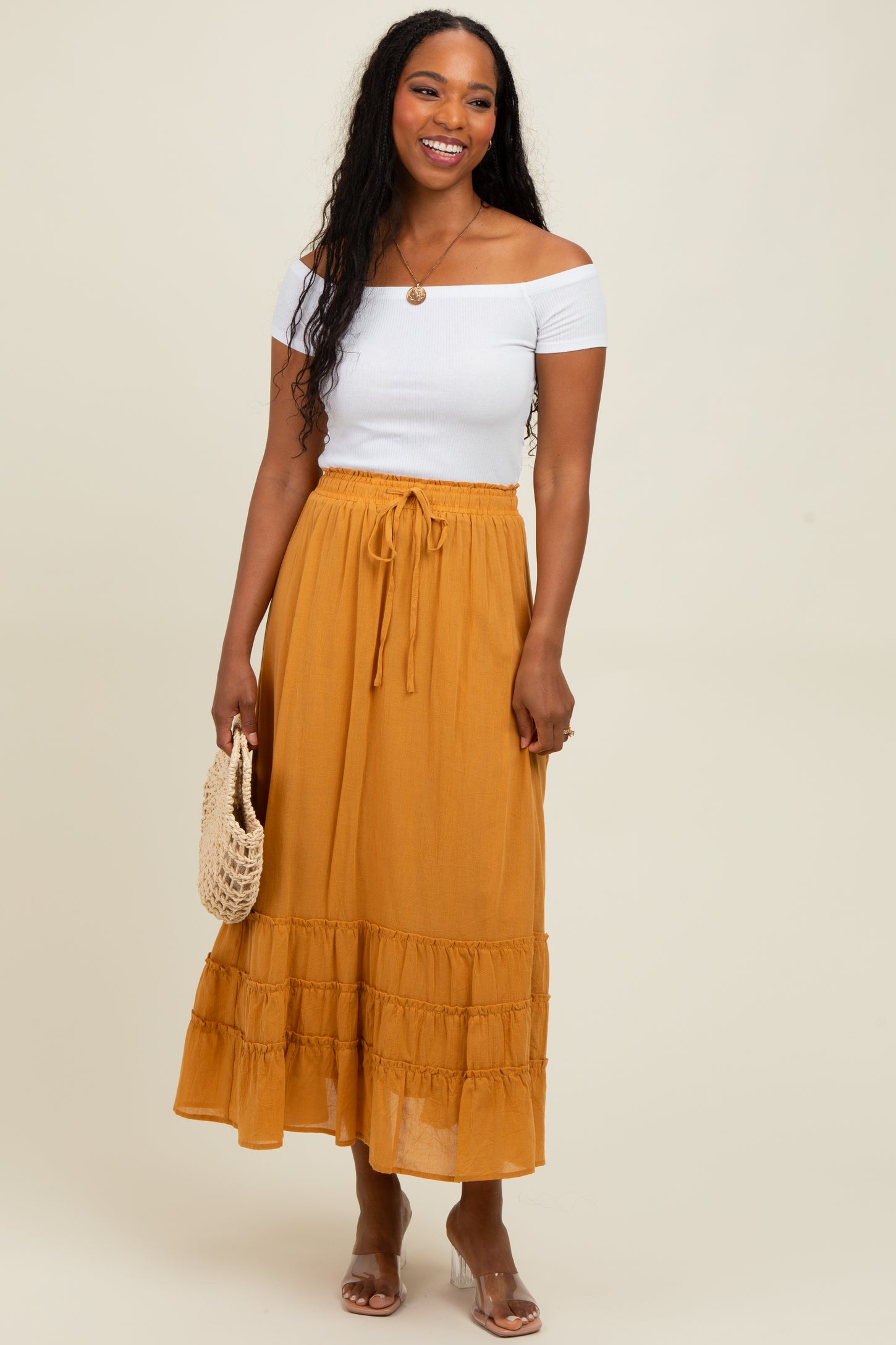 Yellow Drawstring Layered Ruffle Hem Maxi Skirt