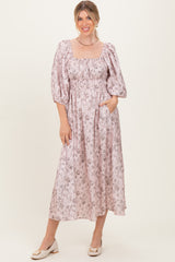 Light Pink Floral Puff Sleeve Smocked Waist Midi Dress