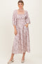 Light Pink Floral Puff Sleeve Smocked Waist Midi Dress