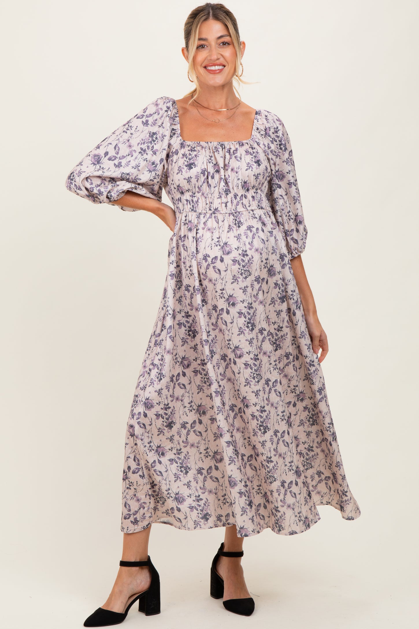 Cream Floral Puff Sleeve Smocked Waist Maternity Midi Dress