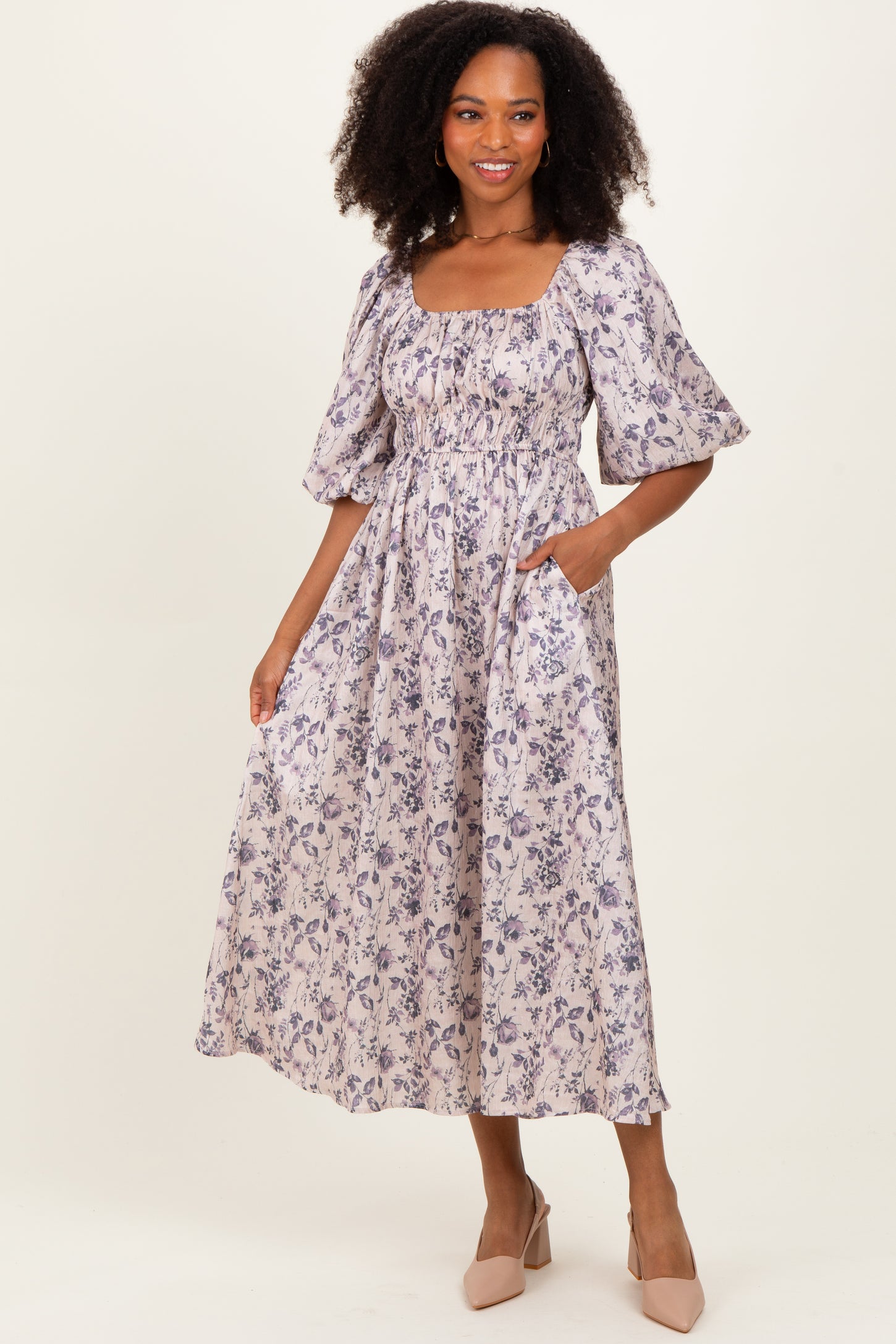 Cream Floral Puff Sleeve Smocked Waist Midi Dress