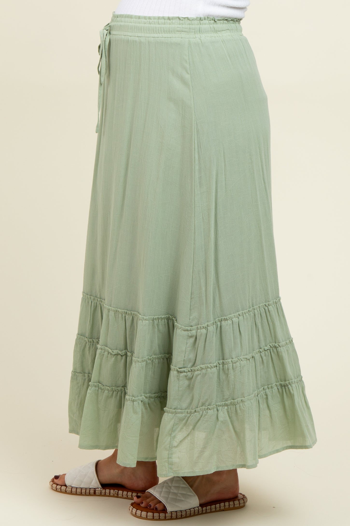 Light Olive Drawstring Layered Ruffle Hem Maternity Maxi Skirt