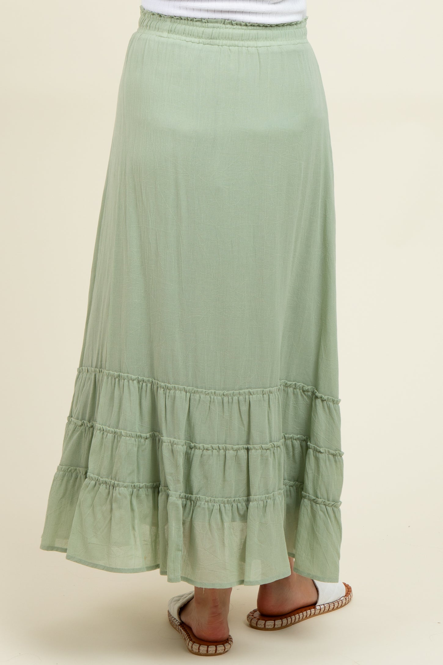 Light Olive Drawstring Layered Ruffle Hem Maternity Maxi Skirt