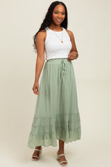 Light Olive Drawstring Layered Ruffle Hem Maxi Skirt