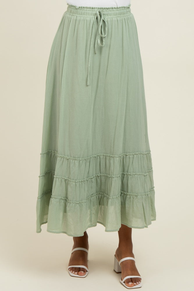 Light Olive Drawstring Layered Ruffle Hem Maxi Skirt
