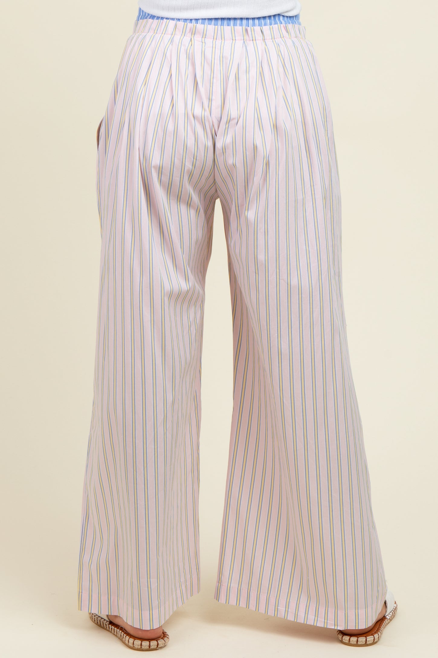 Light Pink Striped Drawstring Wide Leg Maternity Pants