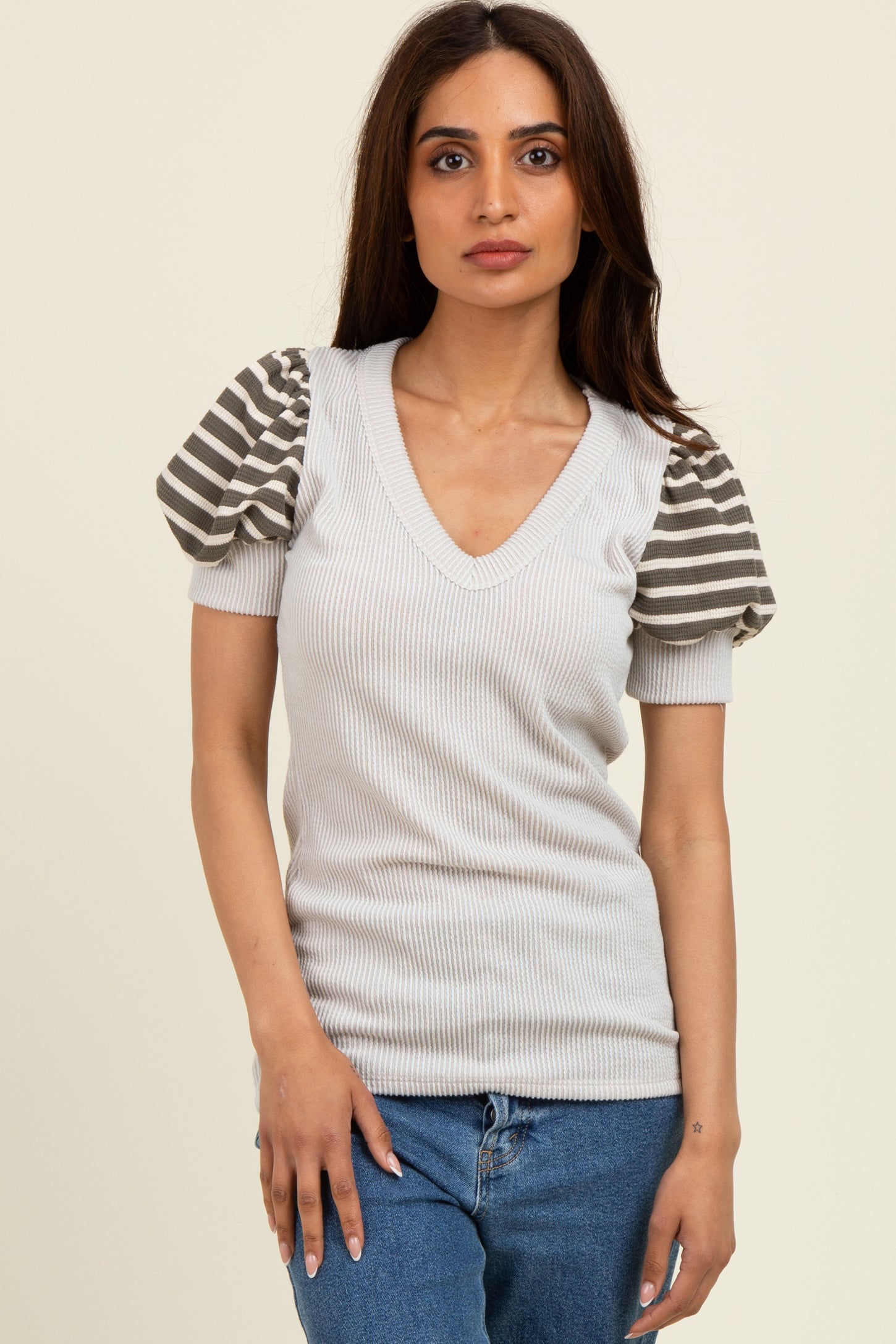 Beige/Olive Striped Ribbed Short Puff Sleeve V-Neck Top