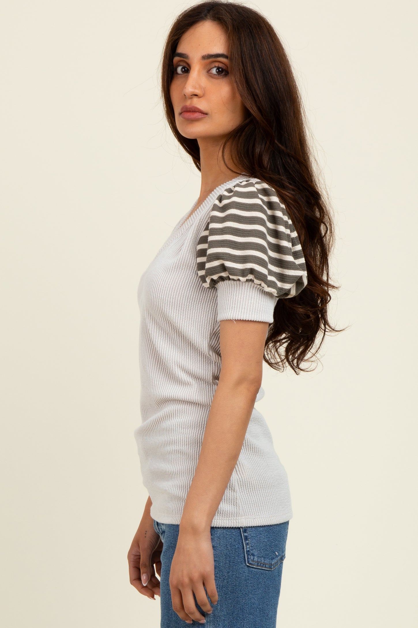 Beige/Olive Striped Ribbed Short Puff Sleeve V-Neck Top
