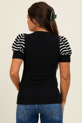 Black/Black Striped Ribbed Short Puff Sleeve V-Neck Maternity Top