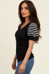 Black/Black Striped Ribbed Short Puff Sleeve V-Neck Top