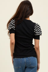 Black/Black Striped Ribbed Short Puff Sleeve V-Neck Top