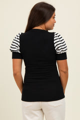 Black/Ivory Striped Ribbed Short Puff Sleeve V-Neck Maternity Top