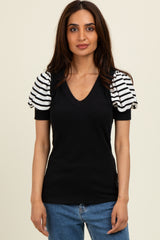 Black/Ivory Striped Ribbed Short Puff Sleeve V-Neck Maternity Top