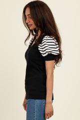 Black/Ivory Striped Ribbed Short Puff Sleeve V-Neck Top
