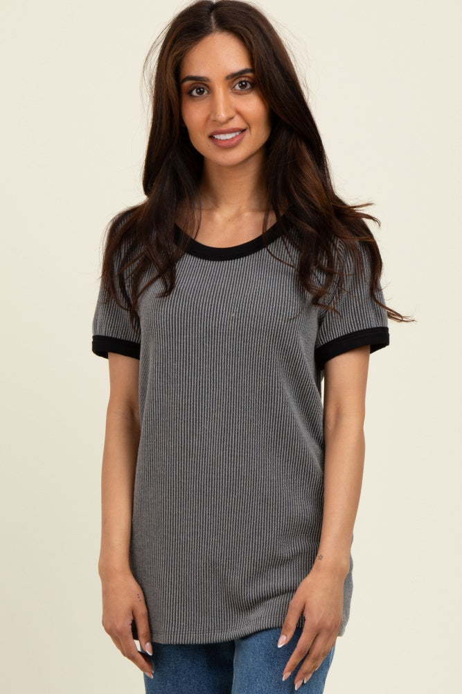 Charcoal/Black Ribbed Short Contrast Sleeve Top