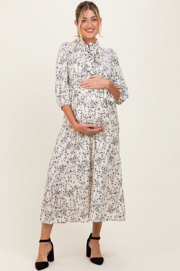 Cream Floral Neck Tie Maternity Midi Dress
