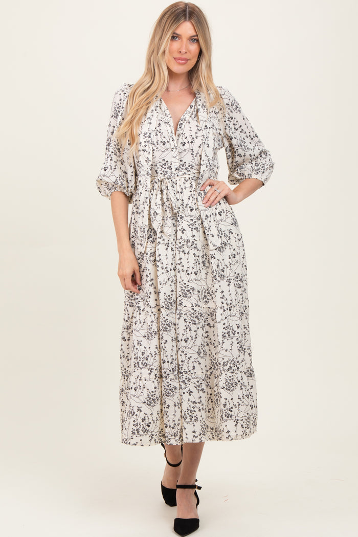 Cream Floral Neck Tie Midi Dress