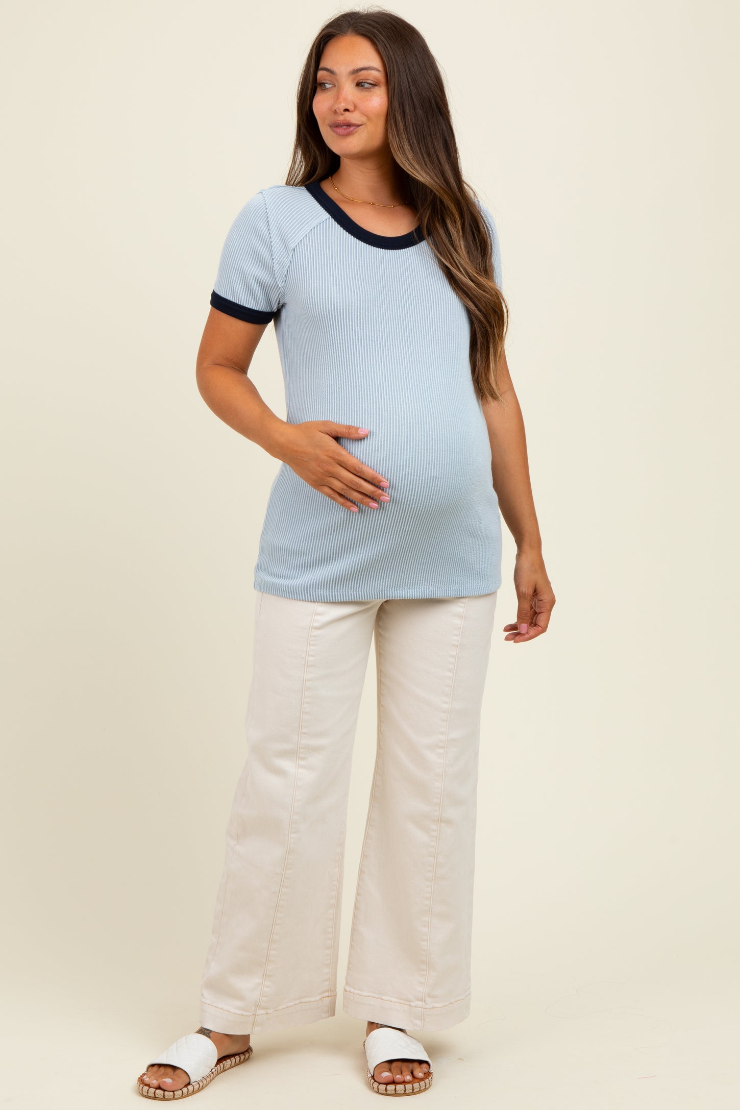 Light Blue/Navy Ribbed Short Contrast Sleeve Maternity Top