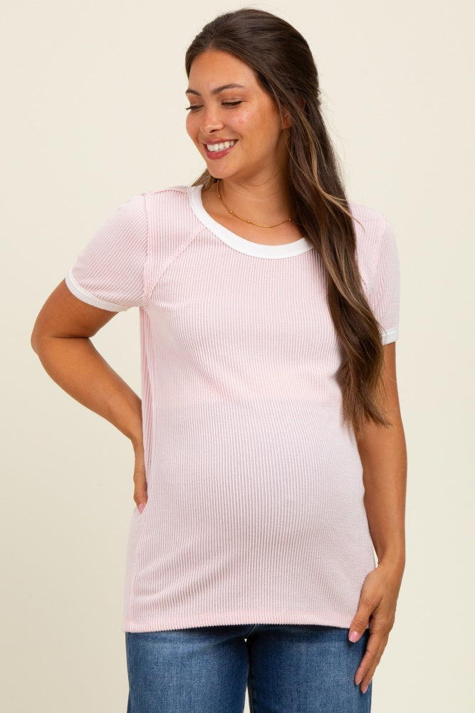 Light Pink/Ivory Ribbed Short Contrast Sleeve Maternity Top
