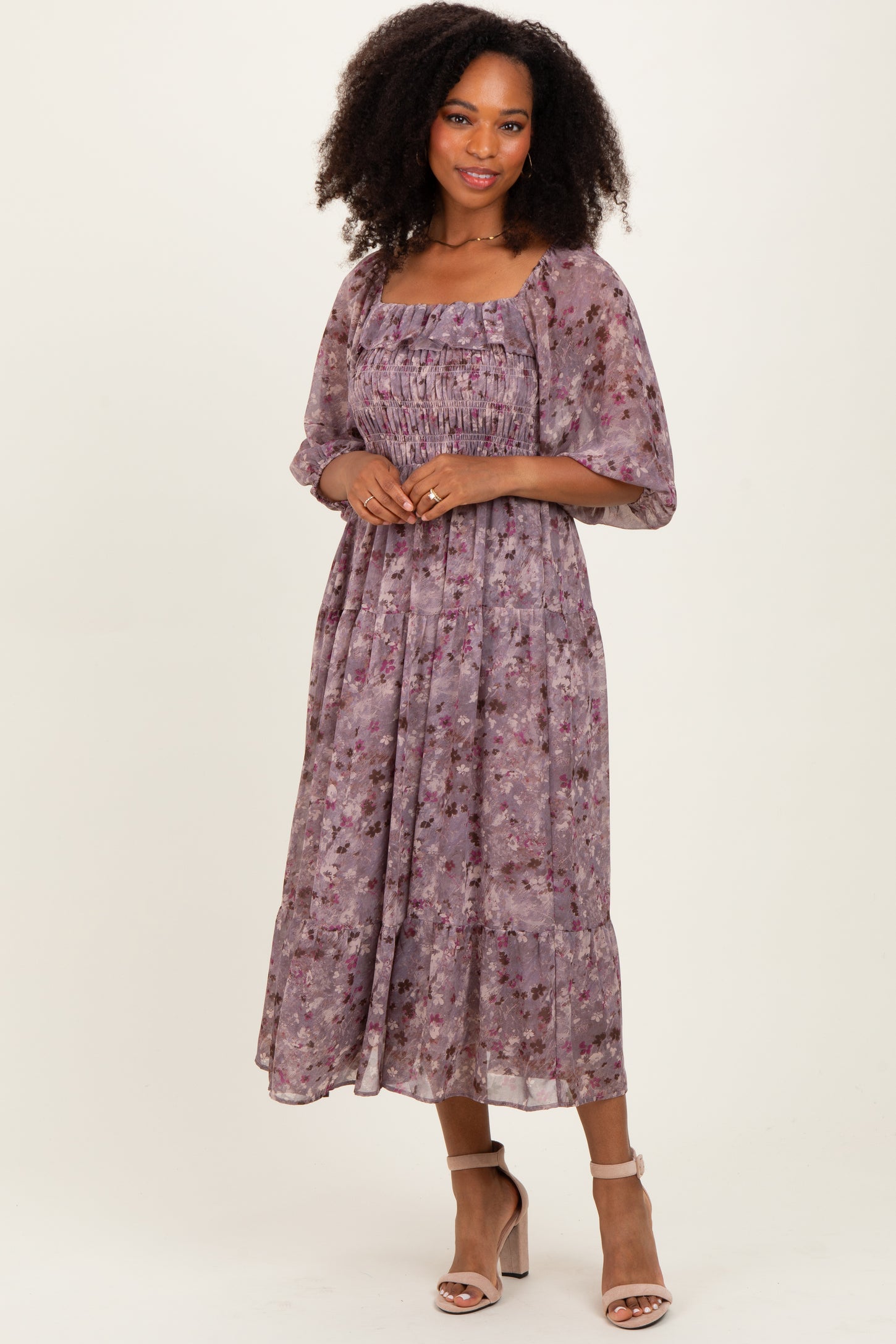 Lavender Floral Square Neck Ruffle Midi Dress