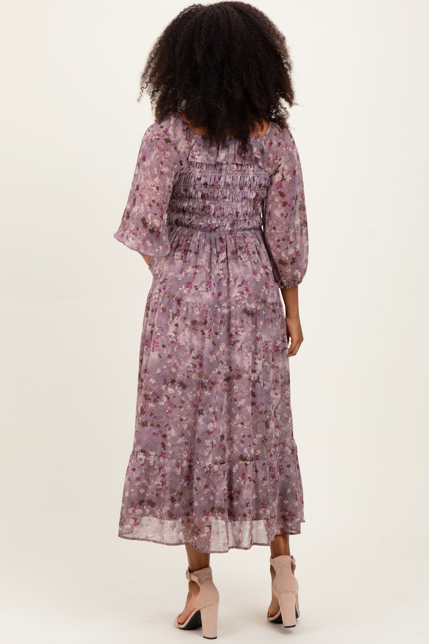 Lavender Floral Square Neck Ruffle Midi Dress