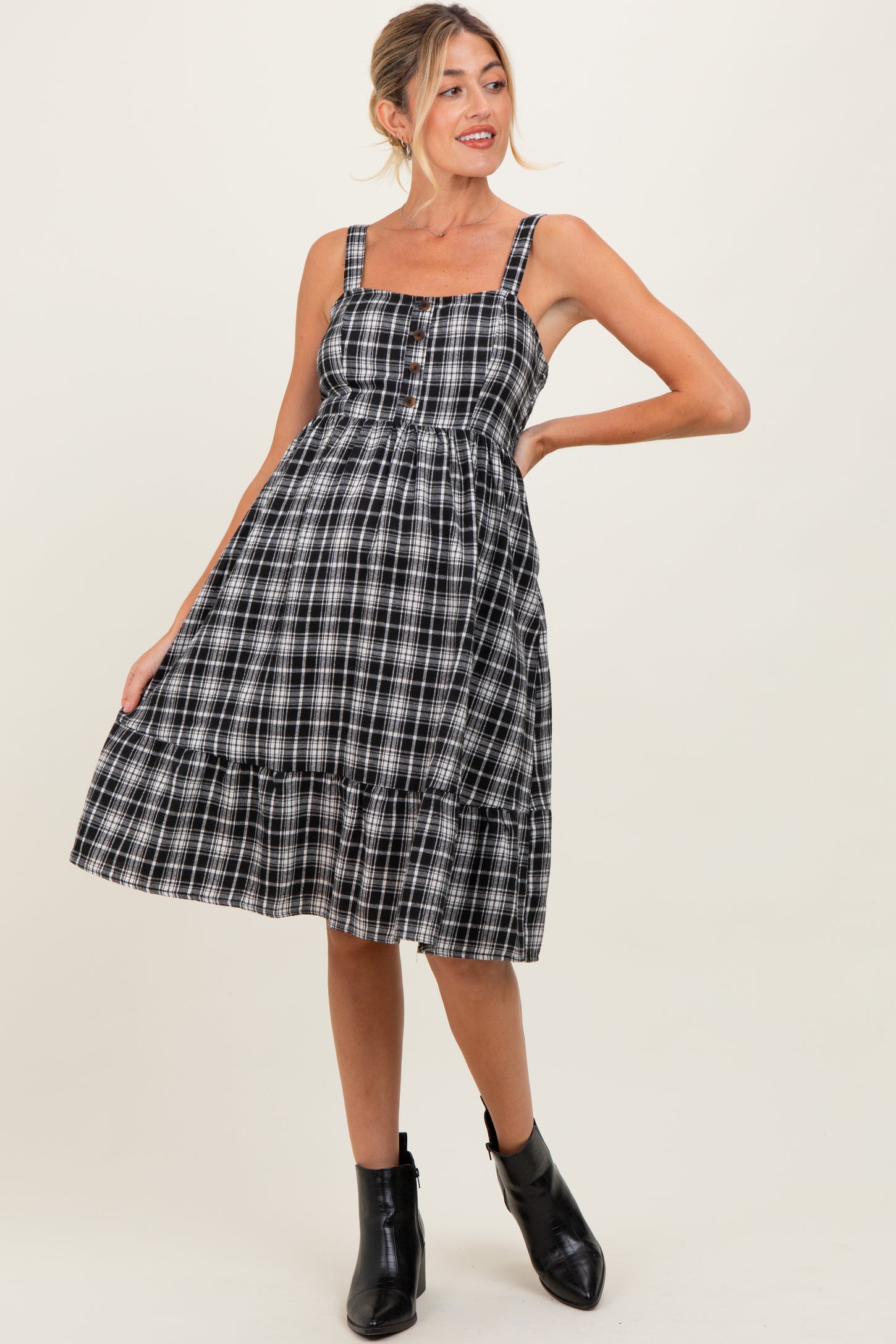 Black Plaid Square Neck Maternity Dress