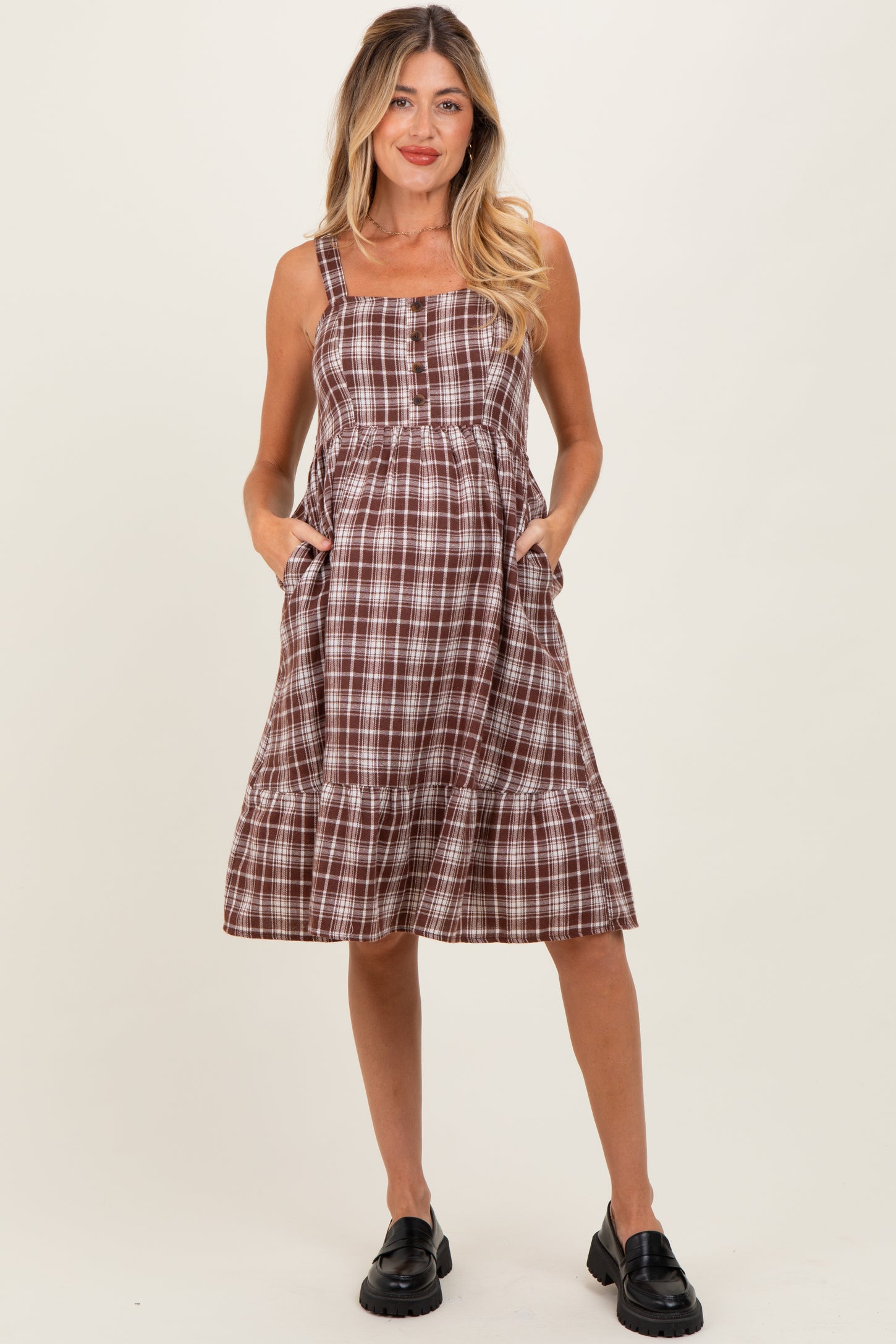 Brown Plaid Square Neck Maternity Dress