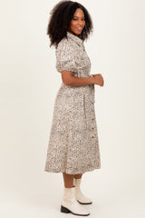 Cream Floral Button Front Waist Tie Midi Dress