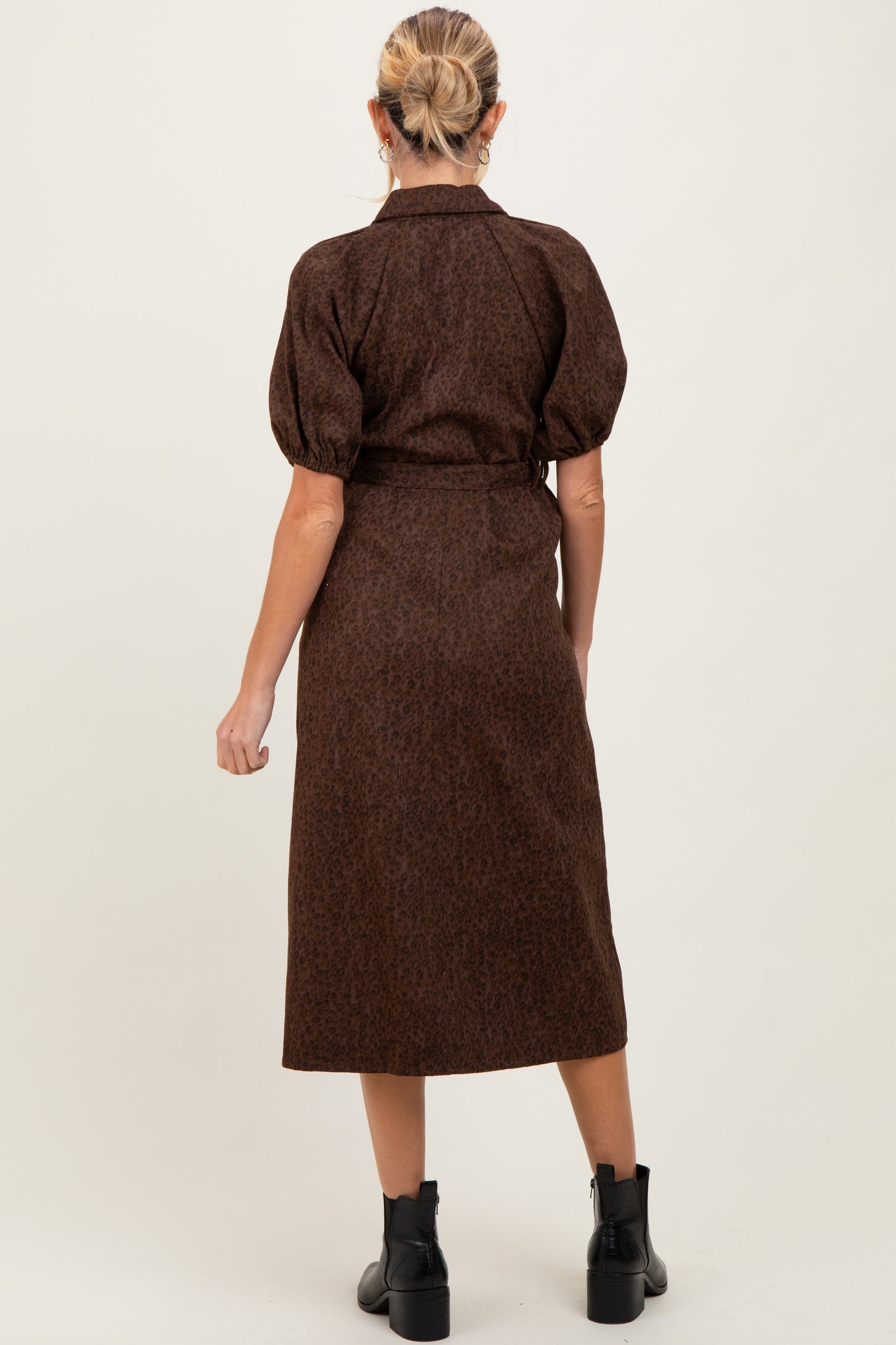 Brown Floral Button Front Waist Tie Maternity Midi Dress