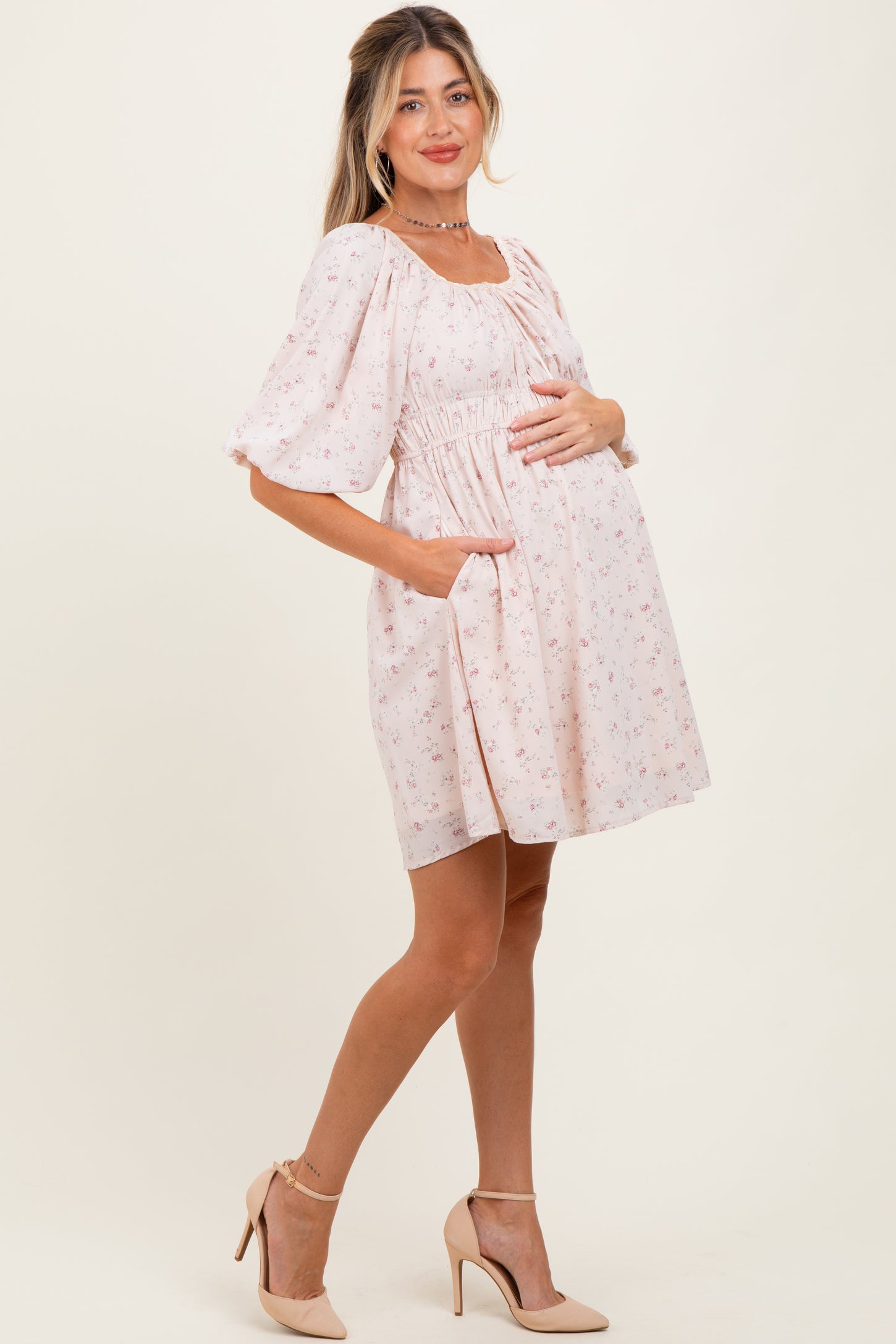 Cream Floral Square Neck Bubble Sleeve Maternity Dress