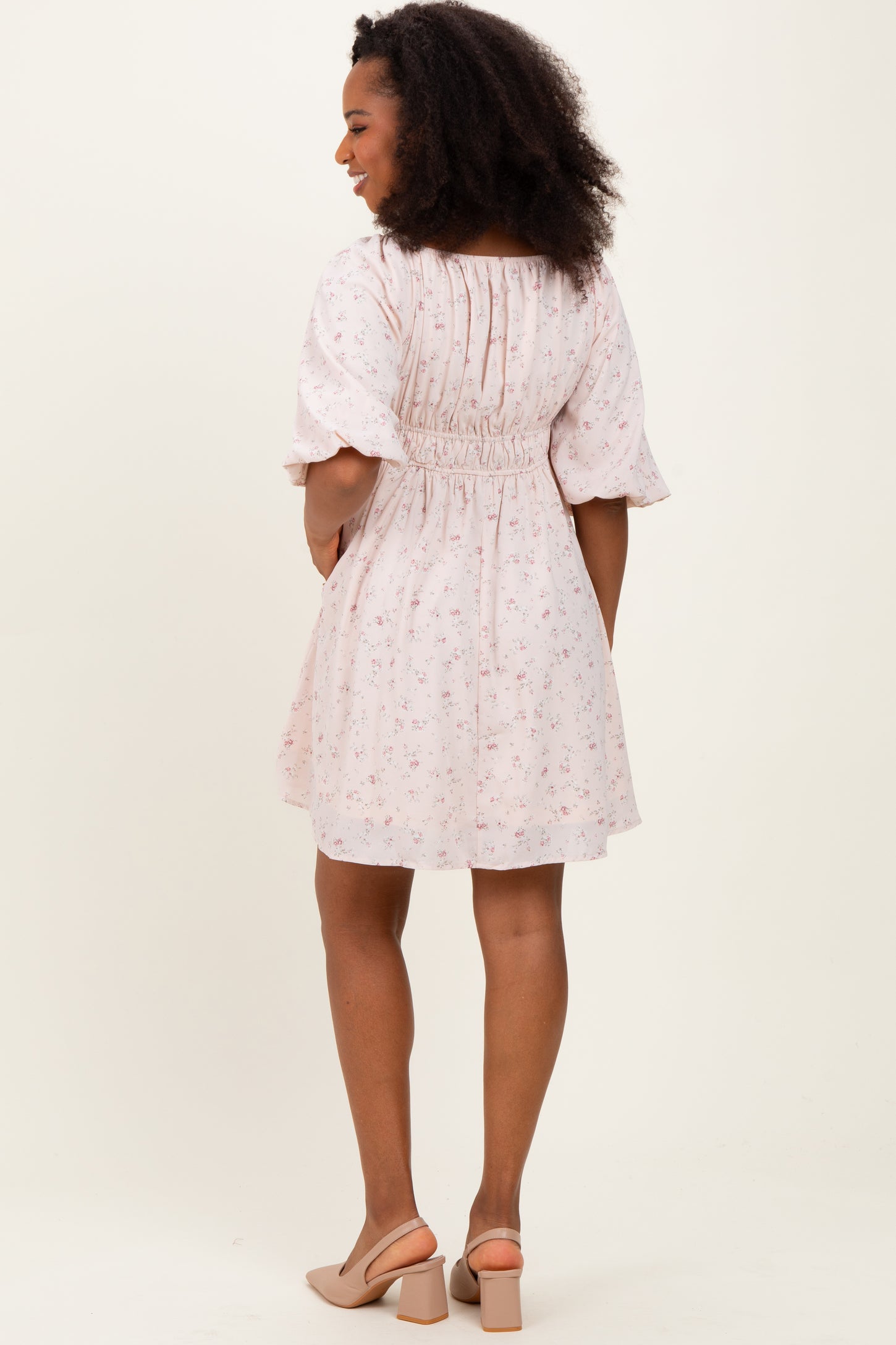 Cream Floral Square Neck Bubble Sleeve Dress