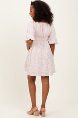 Cream Floral Square Neck Bubble Sleeve Dress